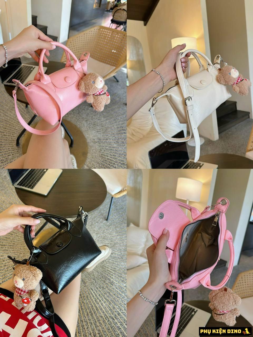 Túi Xách Quai Giỏ Màu Hồng Trắng Đen Size 19 Kèm Gấu Túi Xách Quai Giỏ Màu Hồng Trắng Đen Size 19 Kèm Gấu